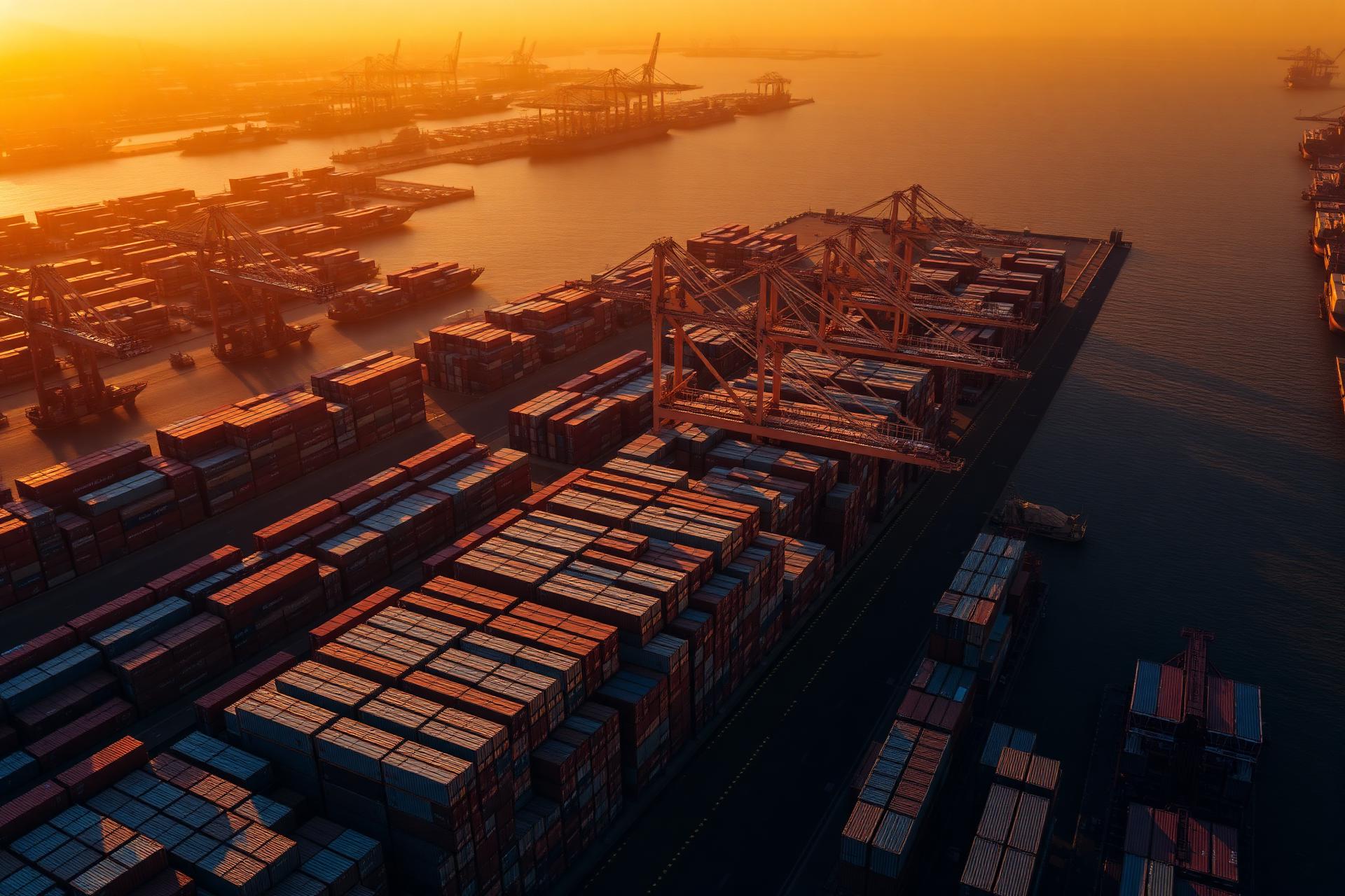 Aerial view of NJ/NY container port at sunset